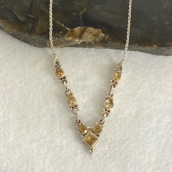 Sterling Silver 925 Multi Gemstone Citrine Collar V Necklace Cable Chain 17" - Picture 2 of 16